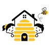 BeehiveKin logo — a honey-yellow beehive house with two children and a bee